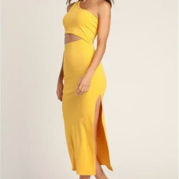 Spice Things Up Ribbed One Shoulder Cutout Midi Dress in Yellow - Picture 4 of 4